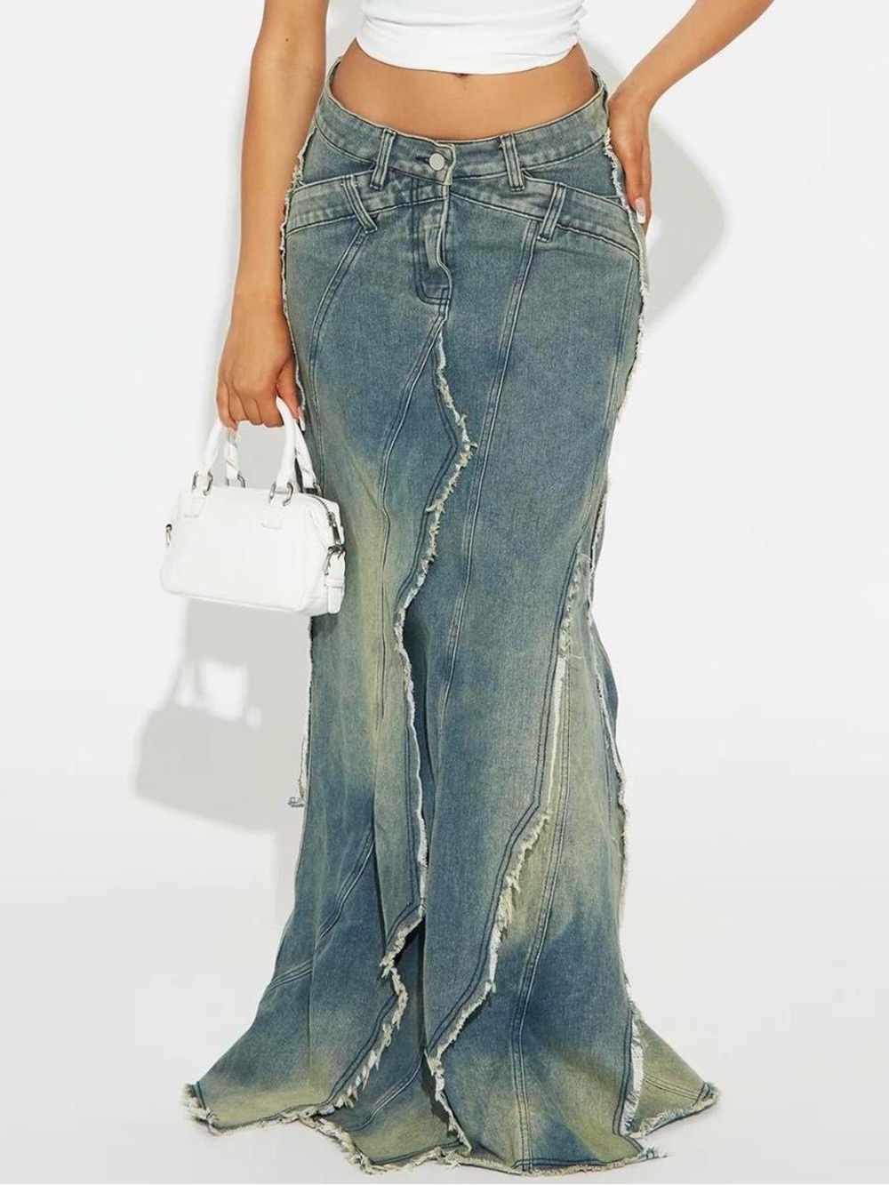 Fashion Nova Blue Green Wash Distressed Mermaid Maxi Skirt